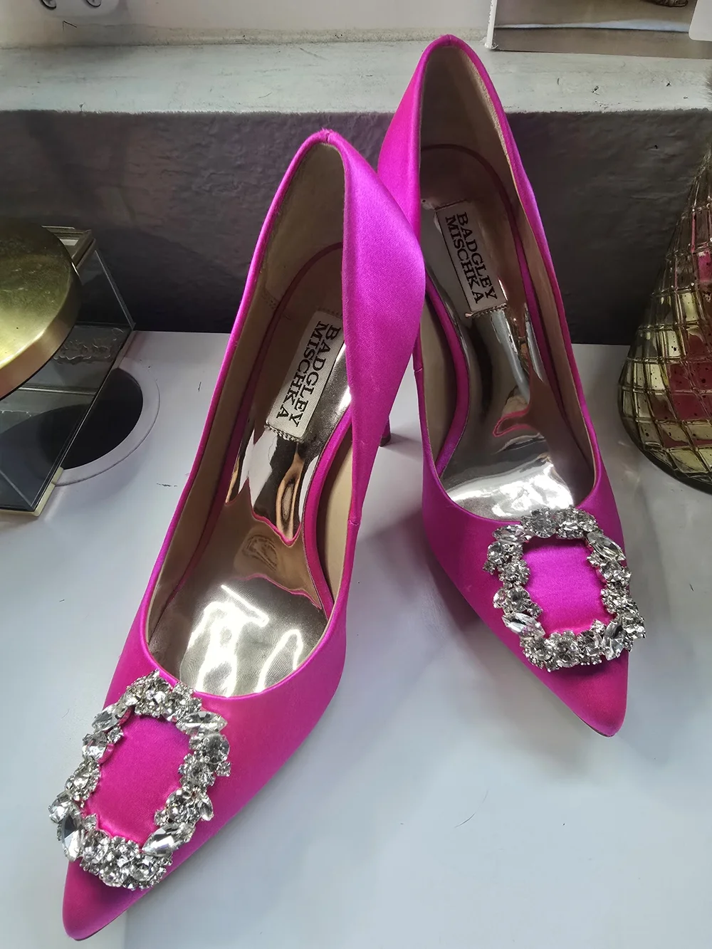 Badgley Mischka Women's Pink Satin Pointed-Toe Heels with Crystal Buckle